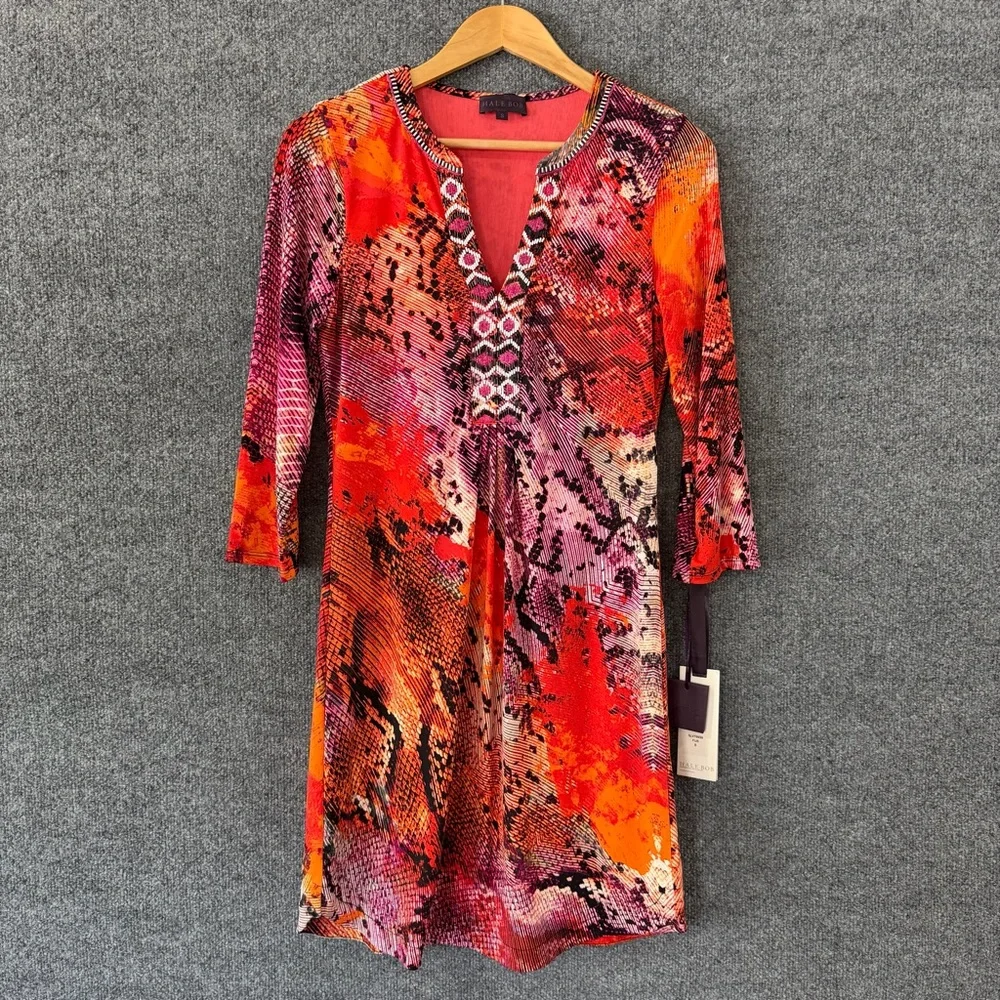 Hale Bob Womens Lulie Beaded Snake Print Jersey Dress Size Small 3/4 Sleeve - Picture 2 of 10